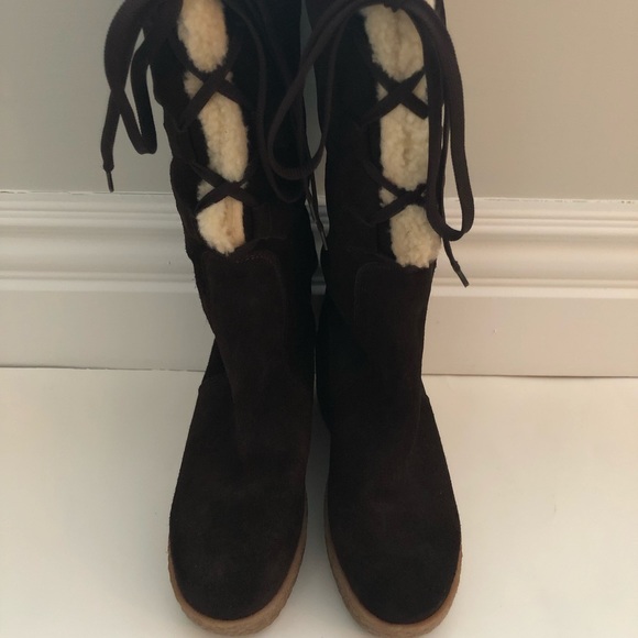 Michael Kors brown suede shearling wedge boots - Picture 3 of 4